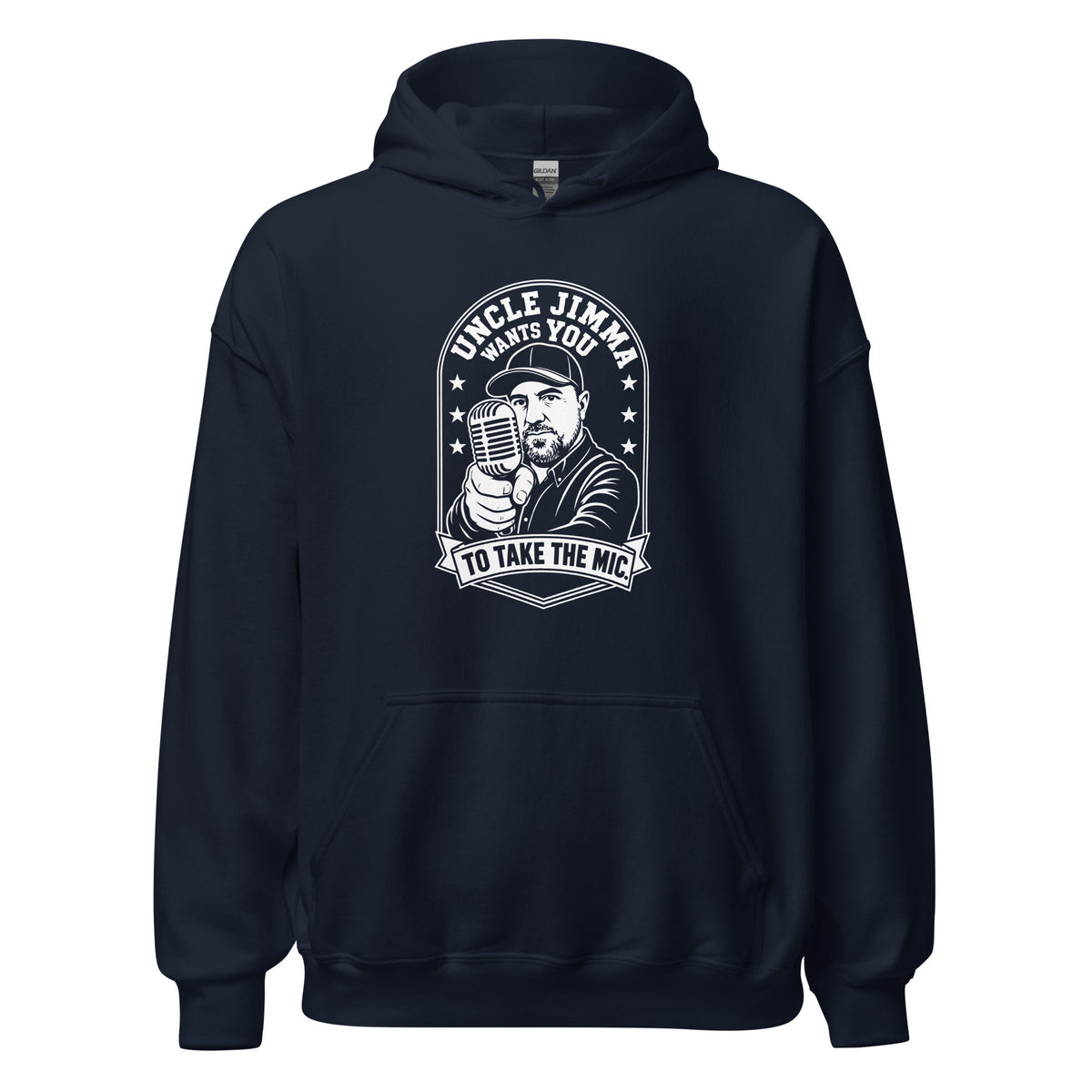 Navy pullover hoodie, front view, featuring Uncle Jimma Wants You to Take the Mic pointing portrait and microphone.