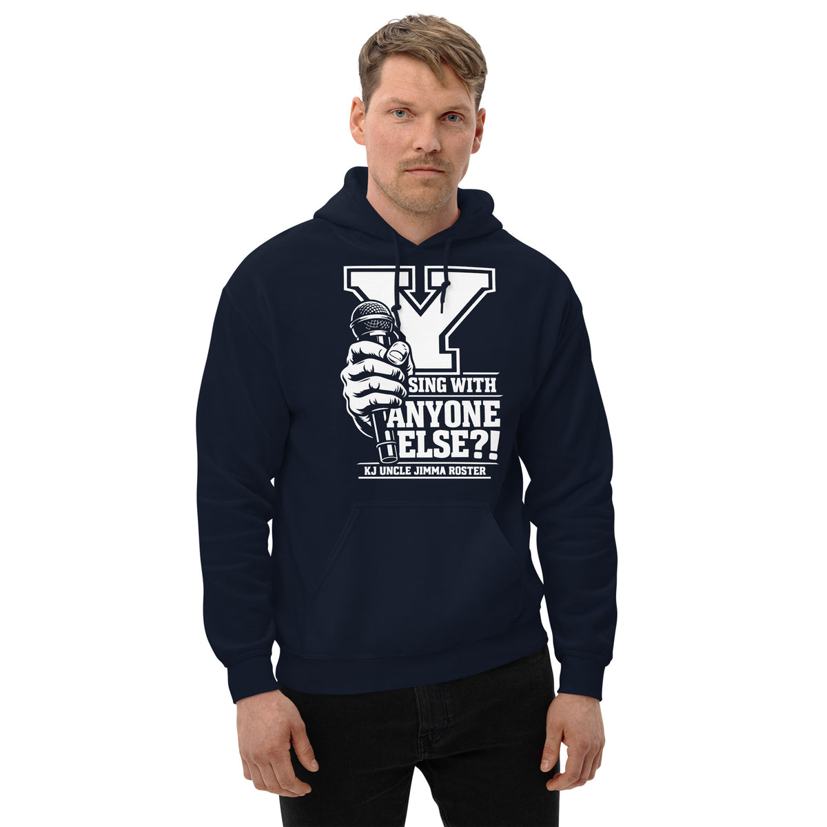 Navy pullover hoodie, front view, featuring Uncle Jimma Roster Anthem varsity Y with hand-held microphone.