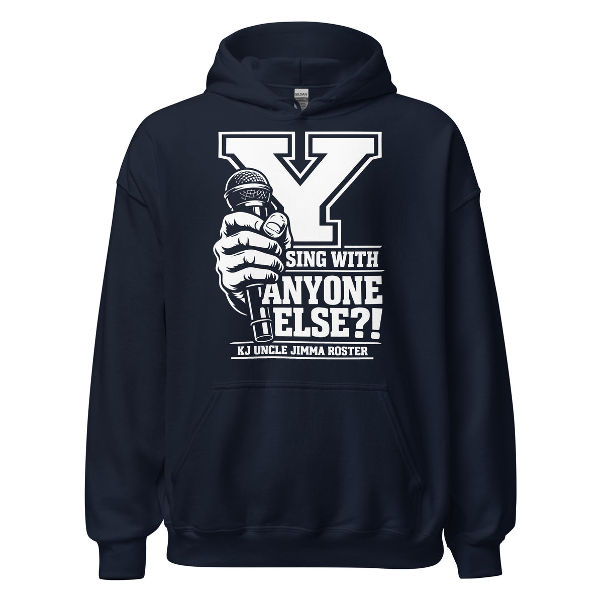 Navy pullover hoodie, front view, featuring Uncle Jimma Roster Anthem varsity Y with hand-held microphone.