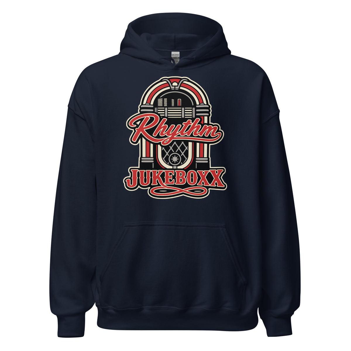 Navy pullover hoodie, front view, featuring Rhythm Jukeboxx red-and-cream retro jukebox graphic.