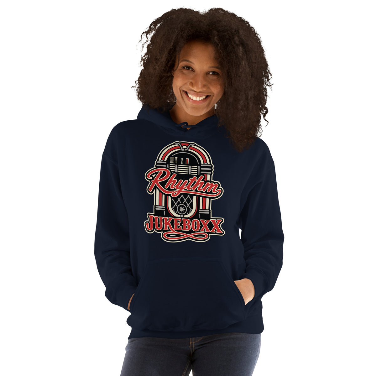 Navy pullover hoodie, front view, featuring Rhythm Jukeboxx red-and-cream retro jukebox graphic.