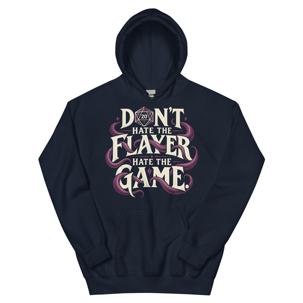 Navy pullover hoodie, front view, featuring Don't Hate the Flayer, Hate the Game lettering with magenta tentacles and a D20.