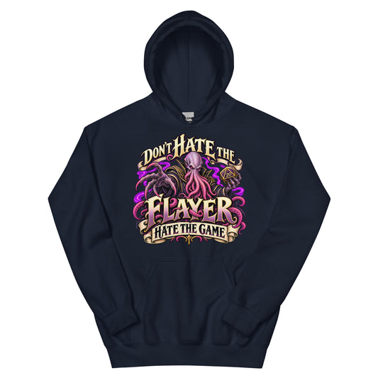 Navy pullover hoodie, front view, featuring the illustrated Don't Hate the Flayer, Hate the Game tentacled overlord and d20 design.