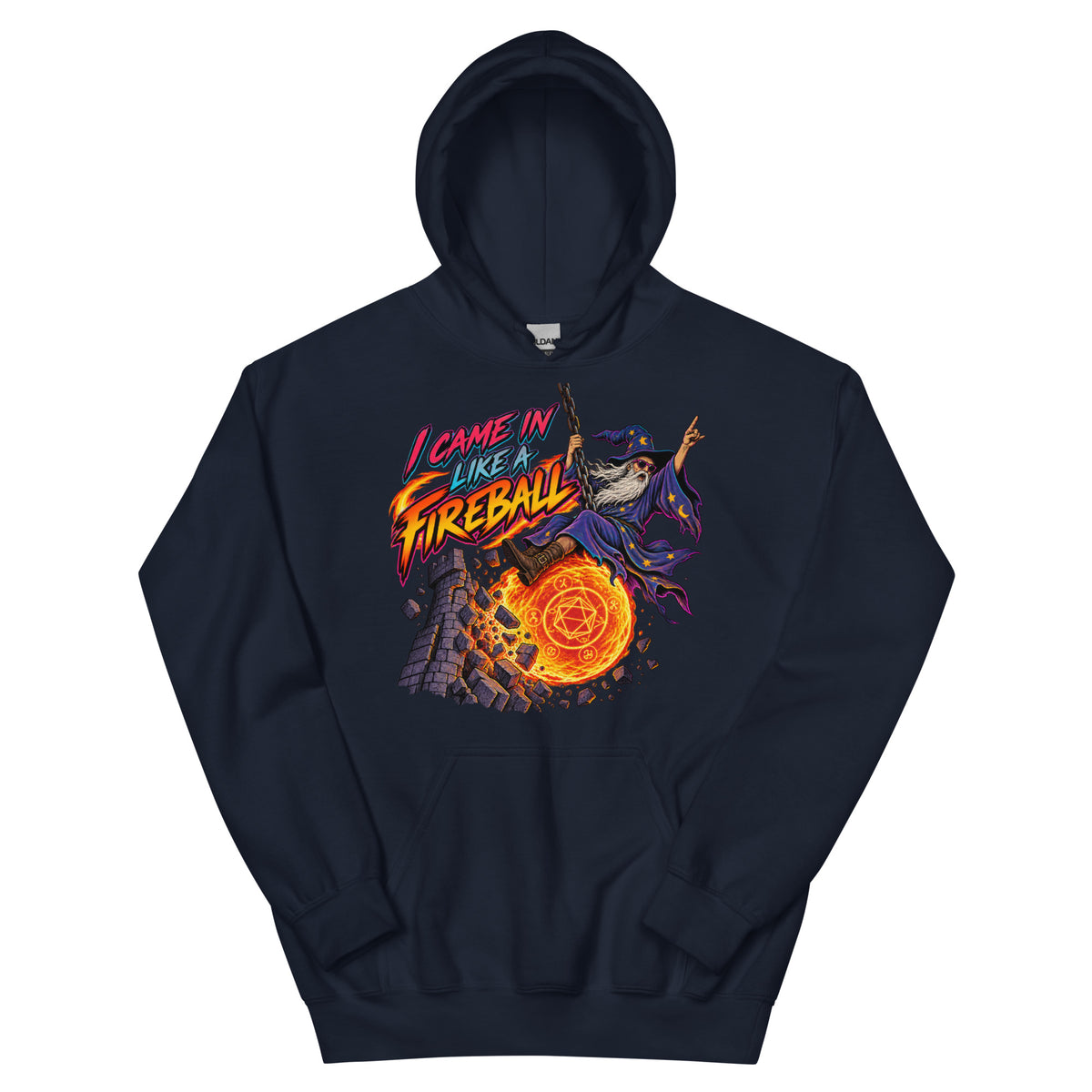 Navy pullover hoodie, front view, featuring the I Came In Like a Fireball wizard design