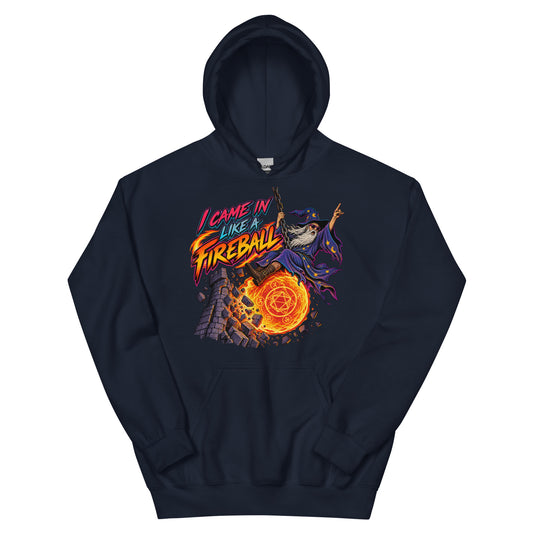 Navy pullover hoodie, front view, featuring the I Came In Like a Fireball wizard design
