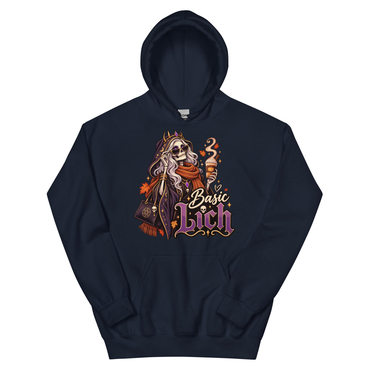 Navy pullover hoodie, front view, featuring the Basic Lich pumpkin spice skeleton design