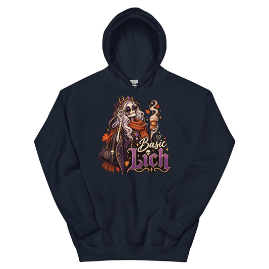 Navy pullover hoodie, front view, featuring the Basic Lich pumpkin spice skeleton design