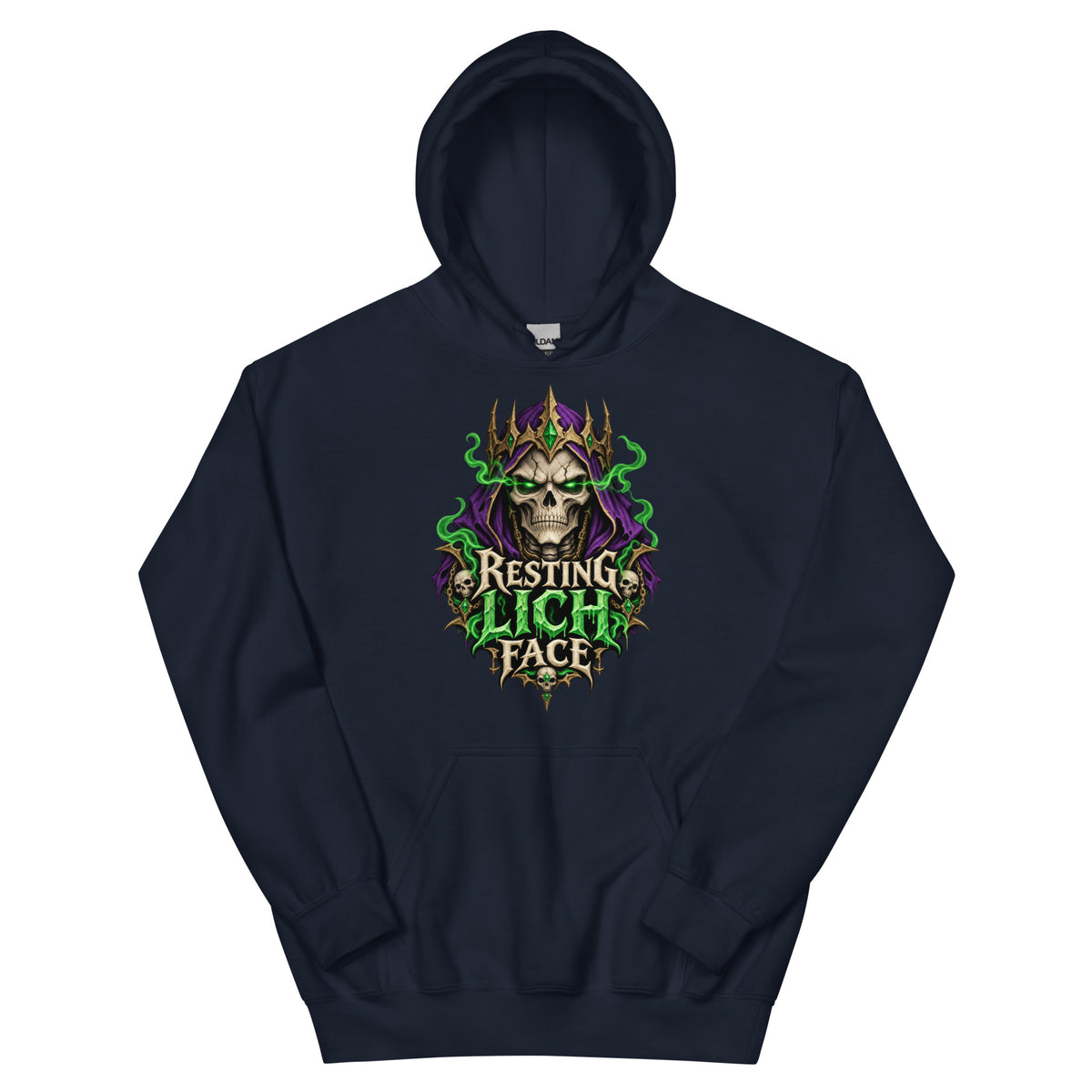 Navy pullover hoodie, front view, featuring the Resting Lich Face crowned skull lich design