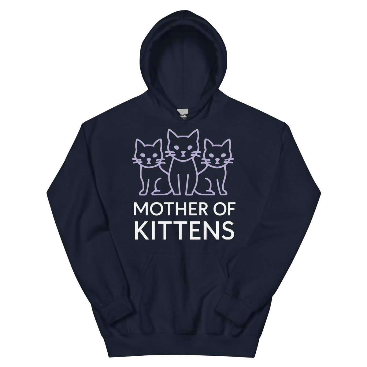 Navy pullover hoodie, front view, featuring the Mother of Kittens Three Cats design