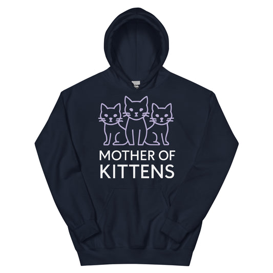Navy pullover hoodie, front view, featuring the Mother of Kittens Three Cats design
