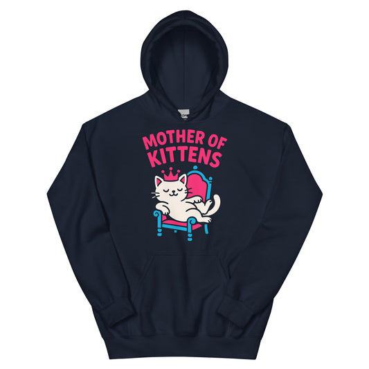Navy pullover hoodie, front view, featuring the Mother of Kittens Queen Cat design