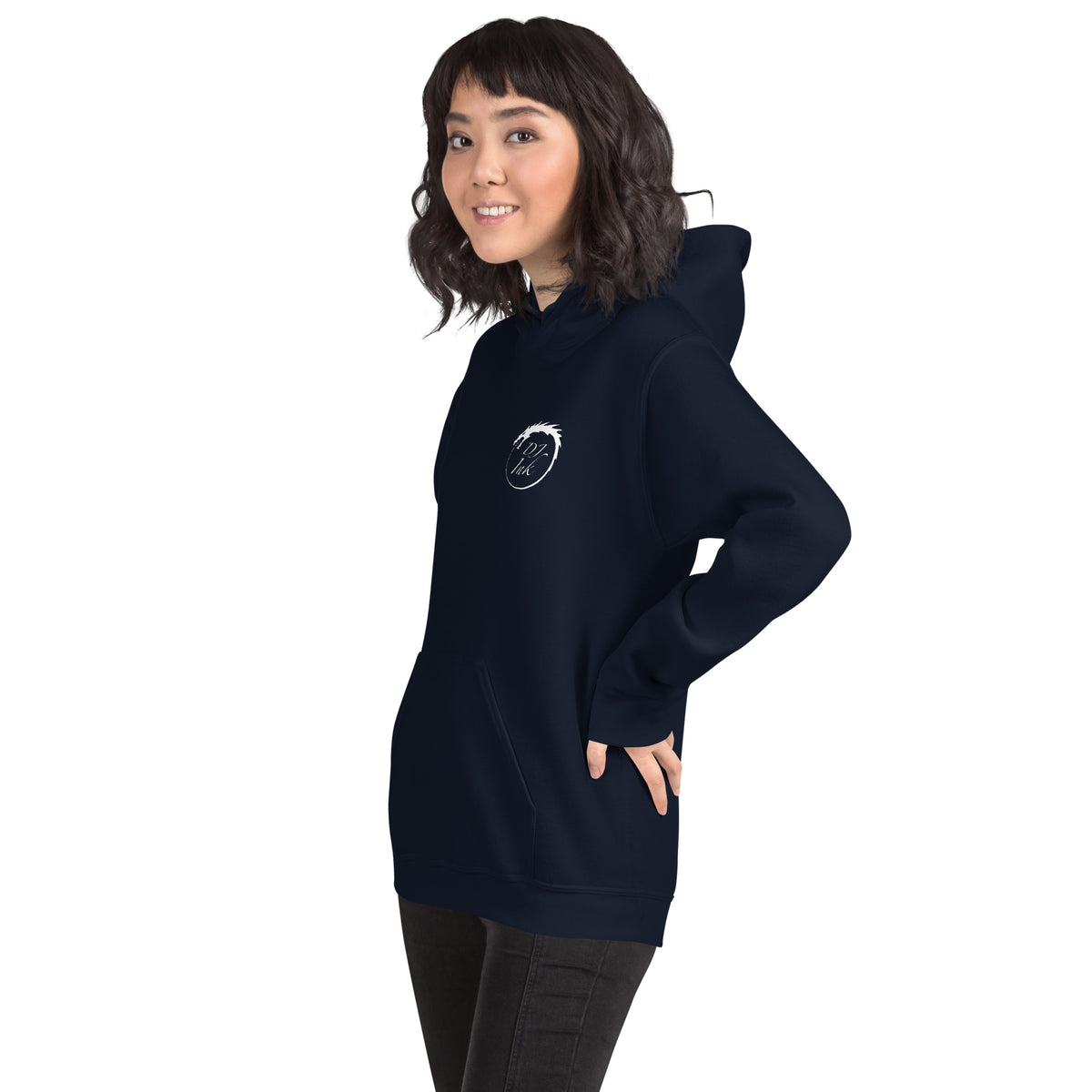 Navy pullover hoodie, left-front angled view, featuring DJ Ink white Ouroboros dragon-circle logo.