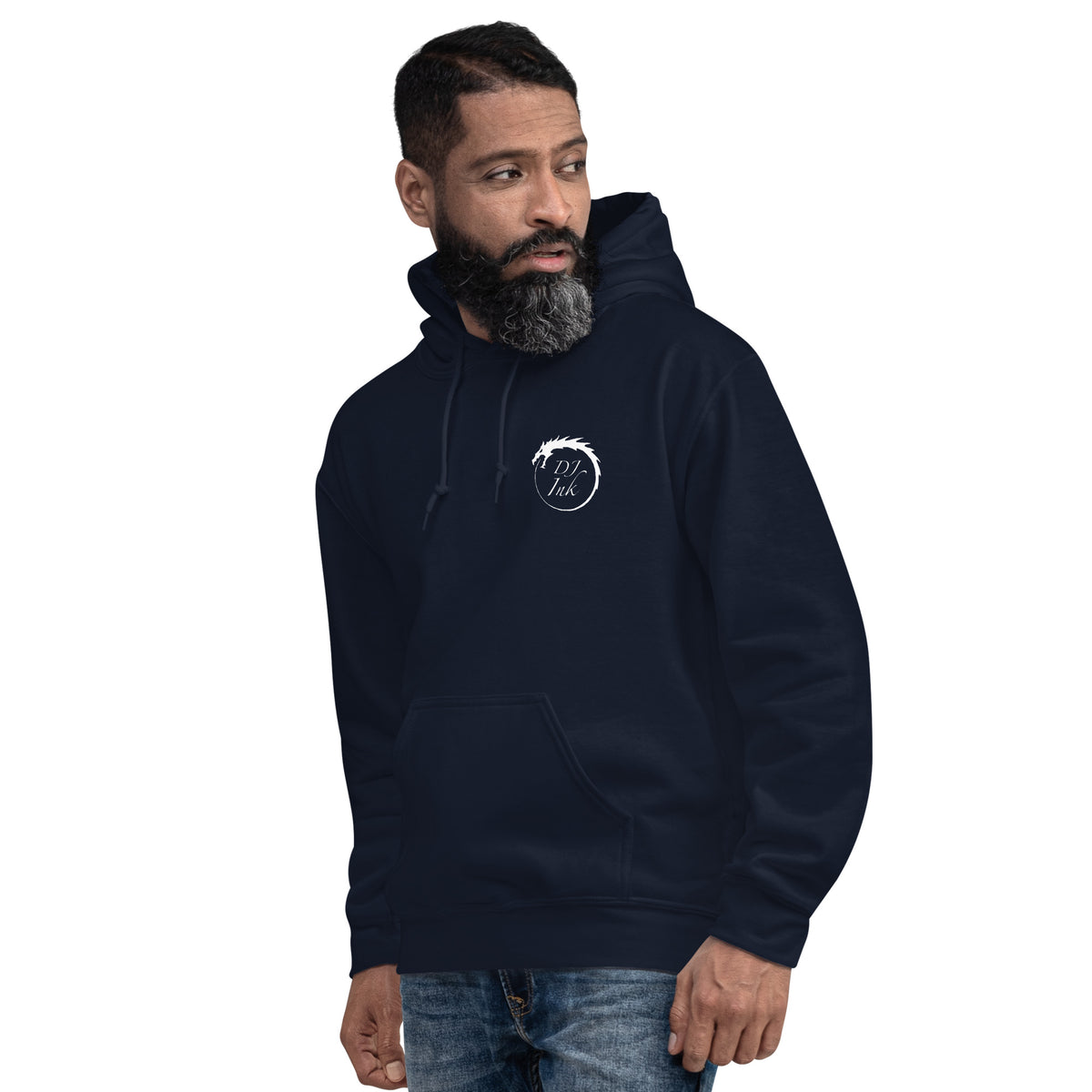Navy pullover hoodie, left-front angled view, featuring DJ Ink white Ouroboros dragon-circle logo.