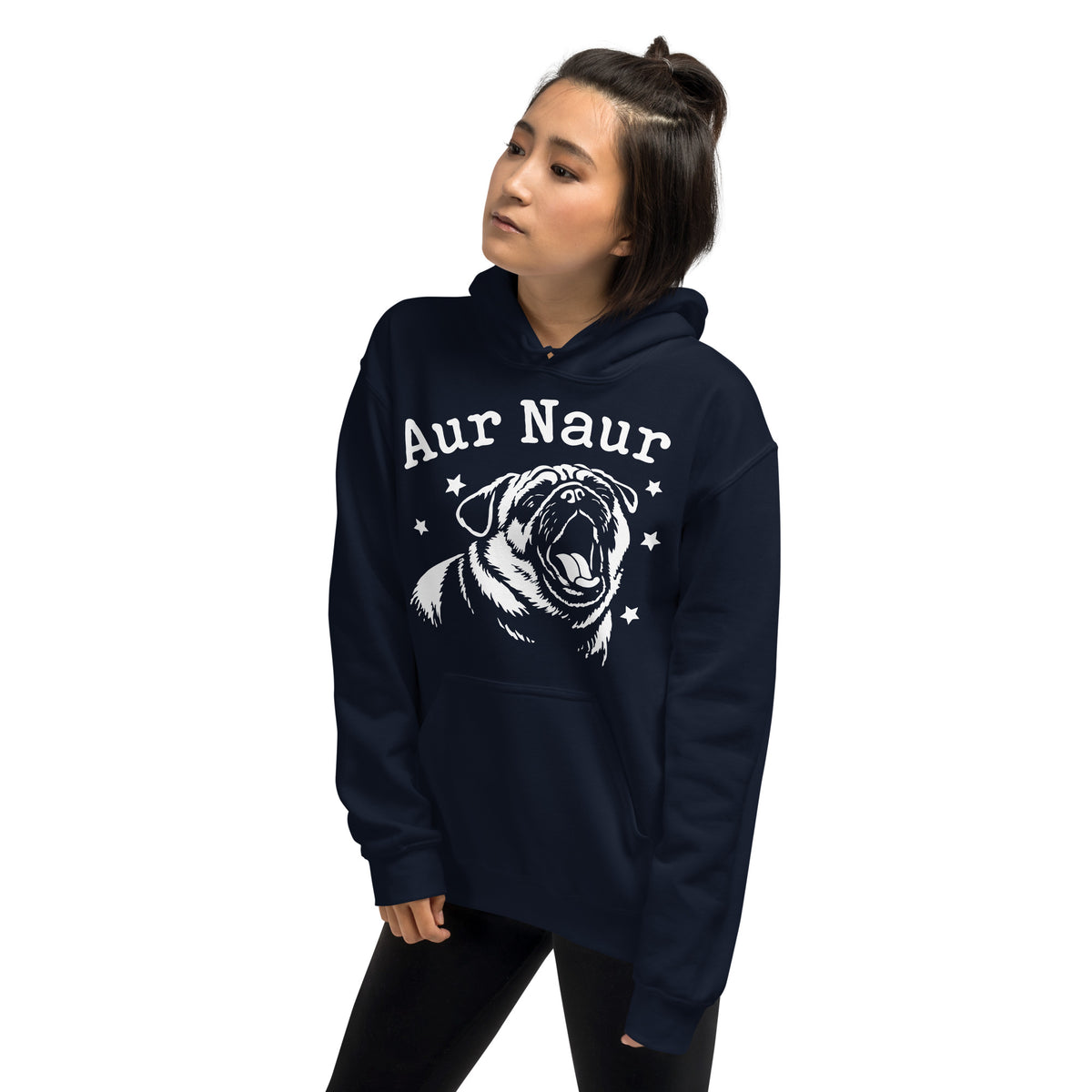 Navy pullover hoodie, left-front angled view, featuring Aur Naur white pug portrait and star-accented lettering.