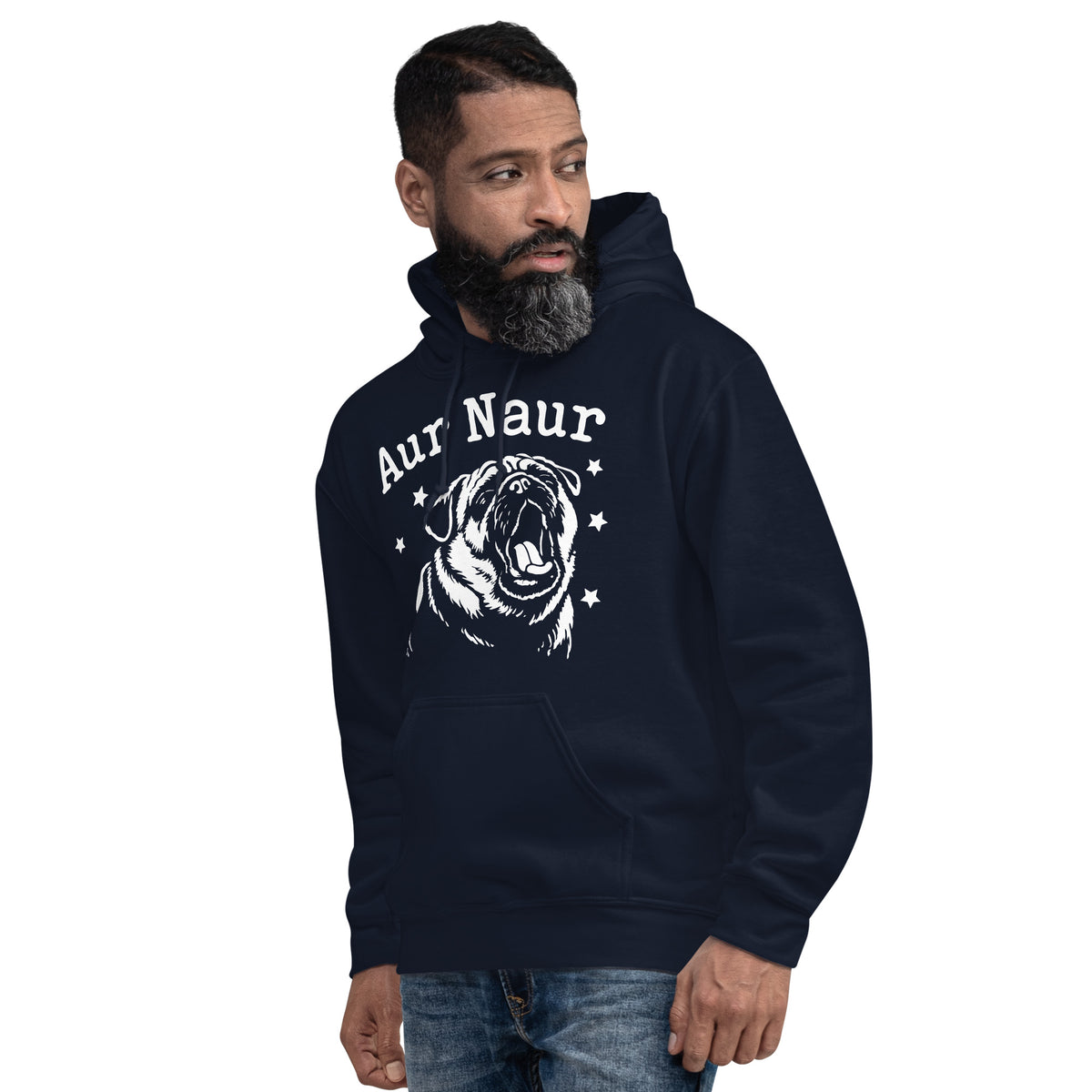 Navy pullover hoodie, left-front angled view, featuring Aur Naur white pug portrait and star-accented lettering.