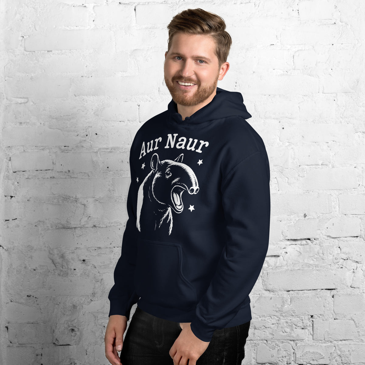 Navy pullover hoodie, left-front angled view, featuring Aur Naur white tapir portrait, stars and lettering.