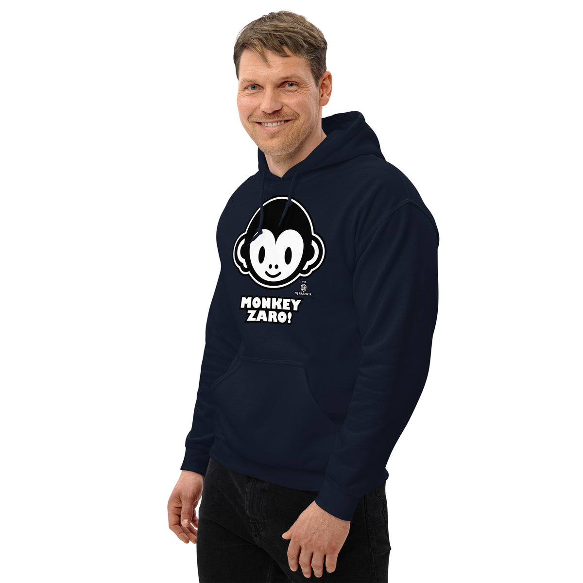 Navy pullover hoodie, left-front angled view, featuring Monkey Zaro! white cartoon monkey face and lettering.