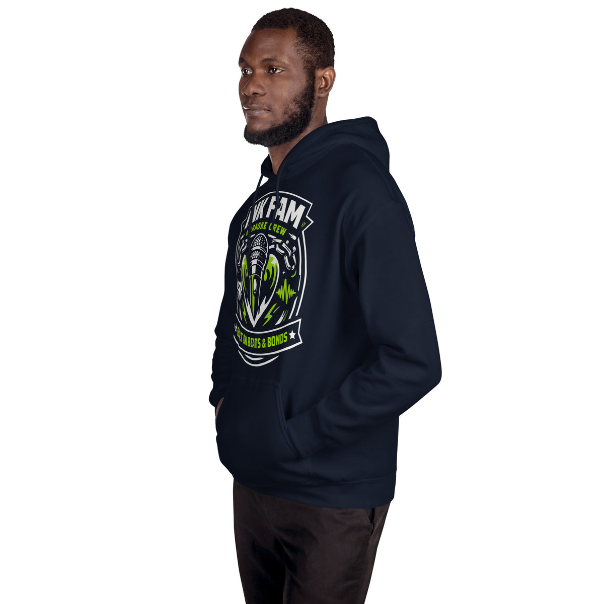 Navy pullover hoodie, left-front angled view, featuring DJ Ink Beats & Bonds shield with a microphone and green-and-white lettering.