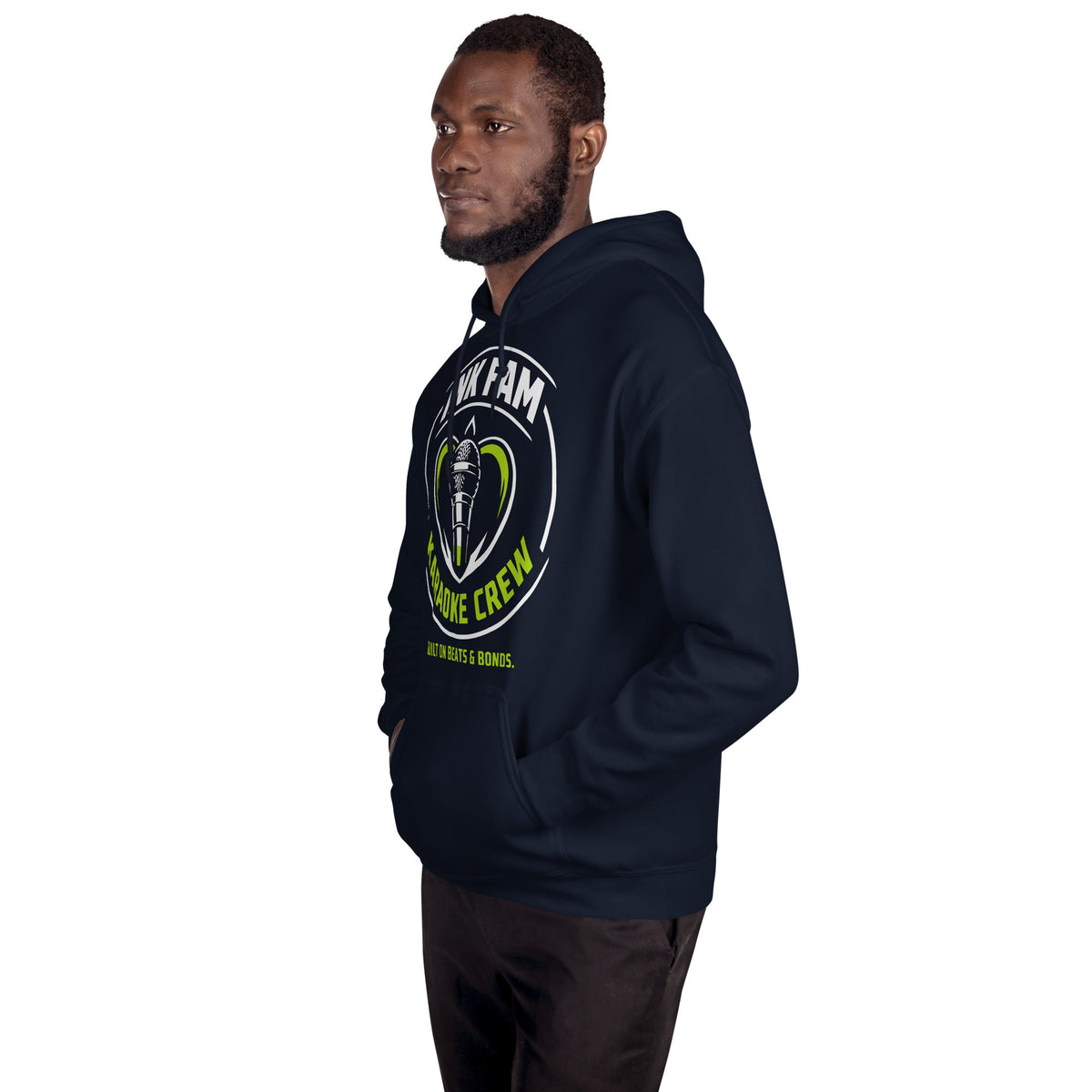 Navy pullover hoodie, left-front angled view, featuring the green-and-white circular DJ Ink Fam microphone badge.