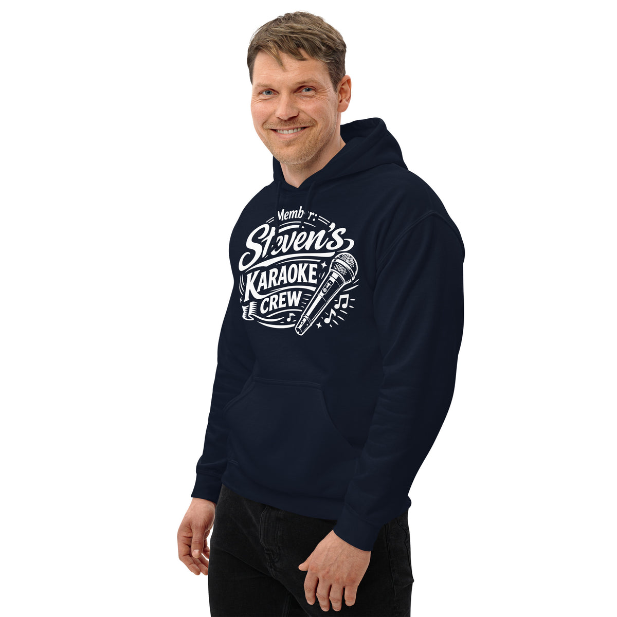 Navy pullover hoodie, left-front angled view, featuring Steven's Karaoke Crew lettering and microphone graphic.