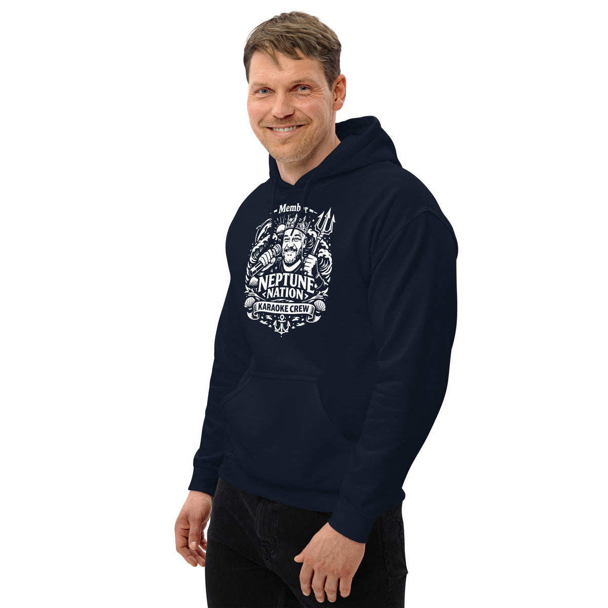 Navy pullover hoodie, left-front angled view, featuring KJ Neptune's Neptune Nation nautical microphone and trident badge.