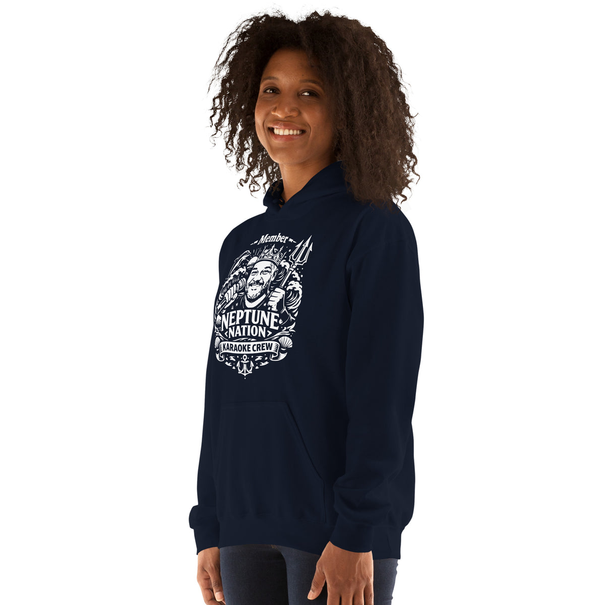 Navy pullover hoodie, left-front angled view, featuring KJ Neptune's Neptune Nation nautical microphone and trident badge.