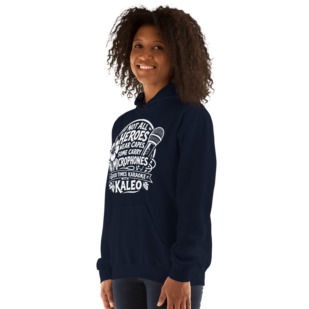 Navy pullover hoodie, left-front angled view, featuring Kaleo's Karaoke Heroes 'Not All Heroes Wear Capes, Some Carry Microphones' graphic.