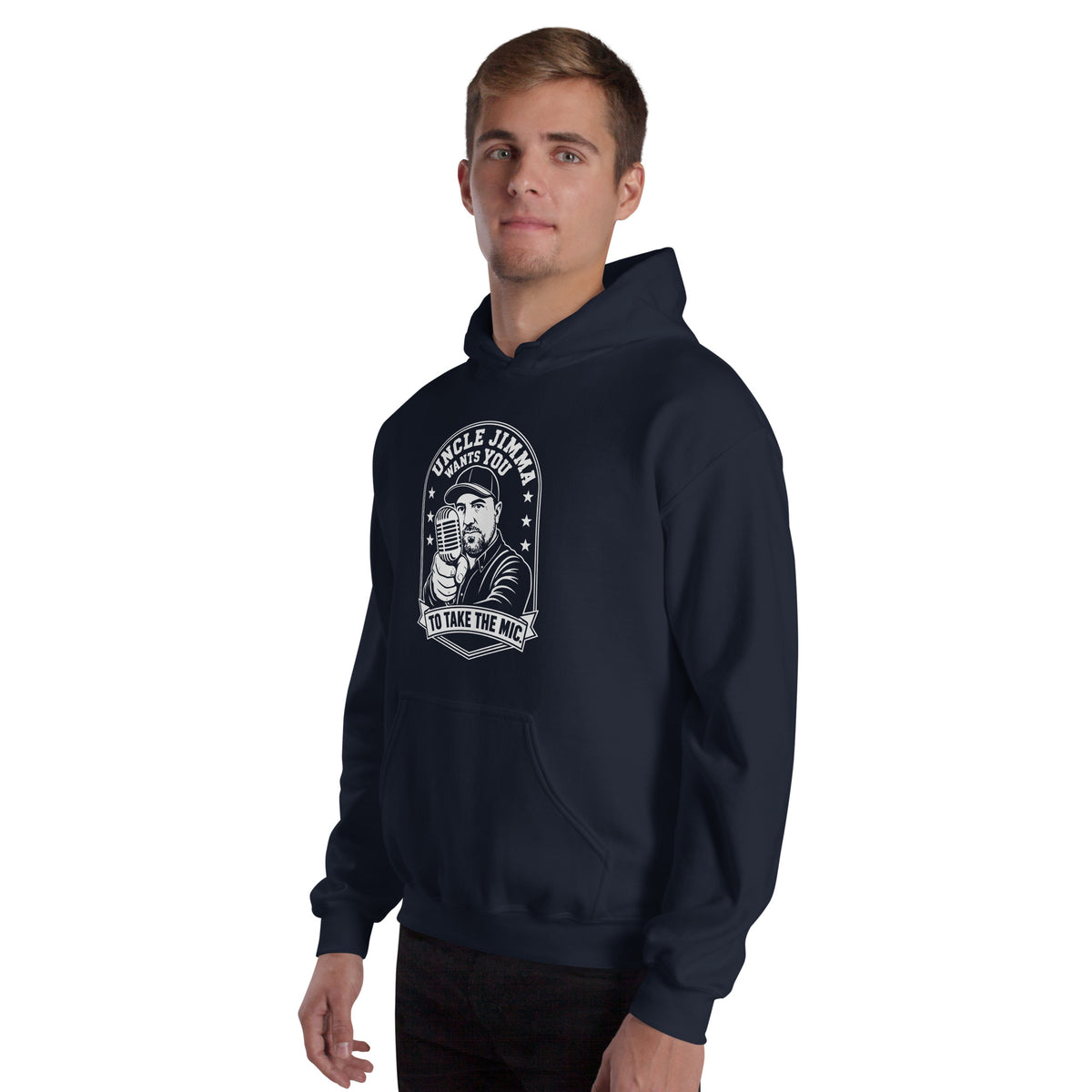 Navy pullover hoodie, left-front angled view, featuring Uncle Jimma Wants You to Take the Mic pointing portrait and microphone.