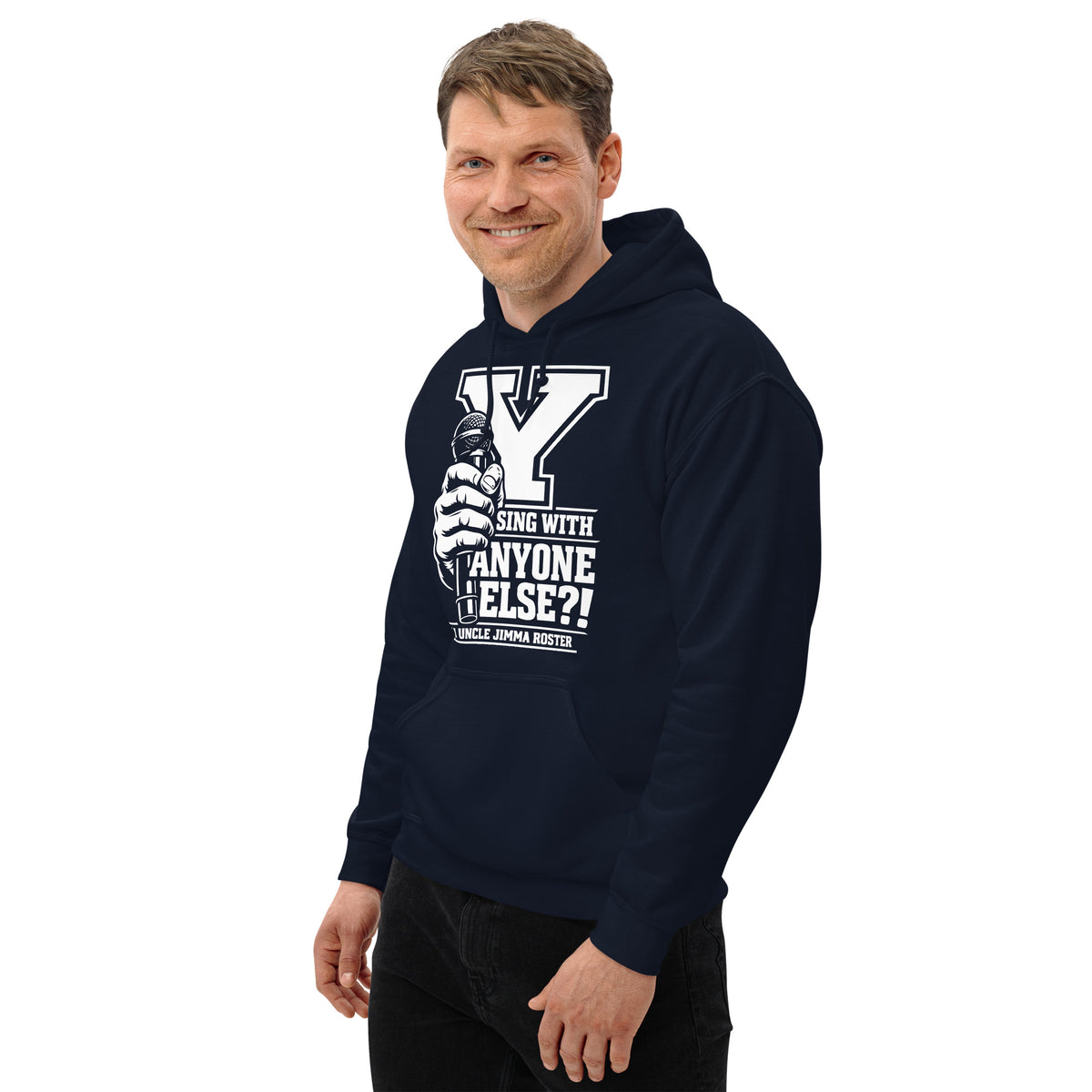 Navy pullover hoodie, left-front angled view, featuring Uncle Jimma Roster Anthem varsity Y with hand-held microphone.