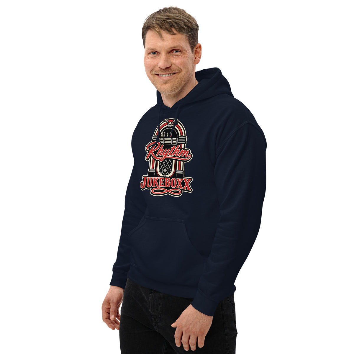 Navy pullover hoodie, left-front angled view, featuring Rhythm Jukeboxx red-and-cream retro jukebox graphic.