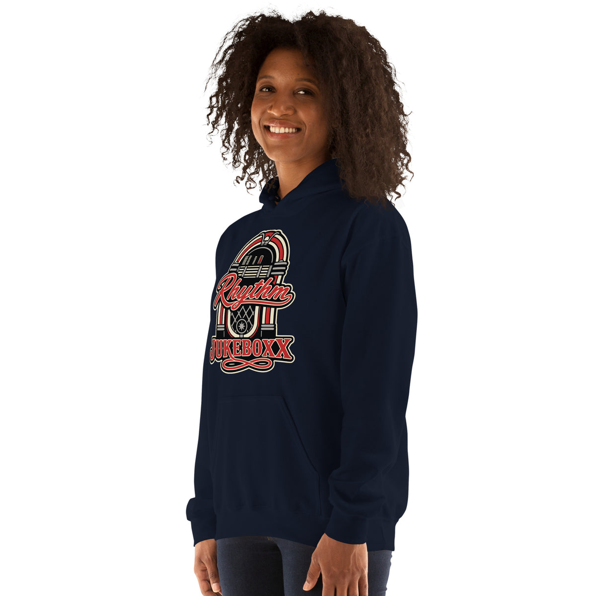 Navy pullover hoodie, left-front angled view, featuring Rhythm Jukeboxx red-and-cream retro jukebox graphic.