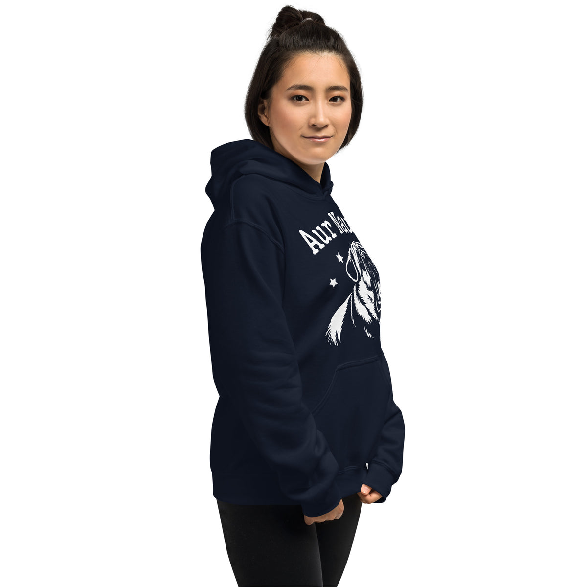 Navy pullover hoodie, right-front angled view, featuring Aur Naur white pug portrait and star-accented lettering.