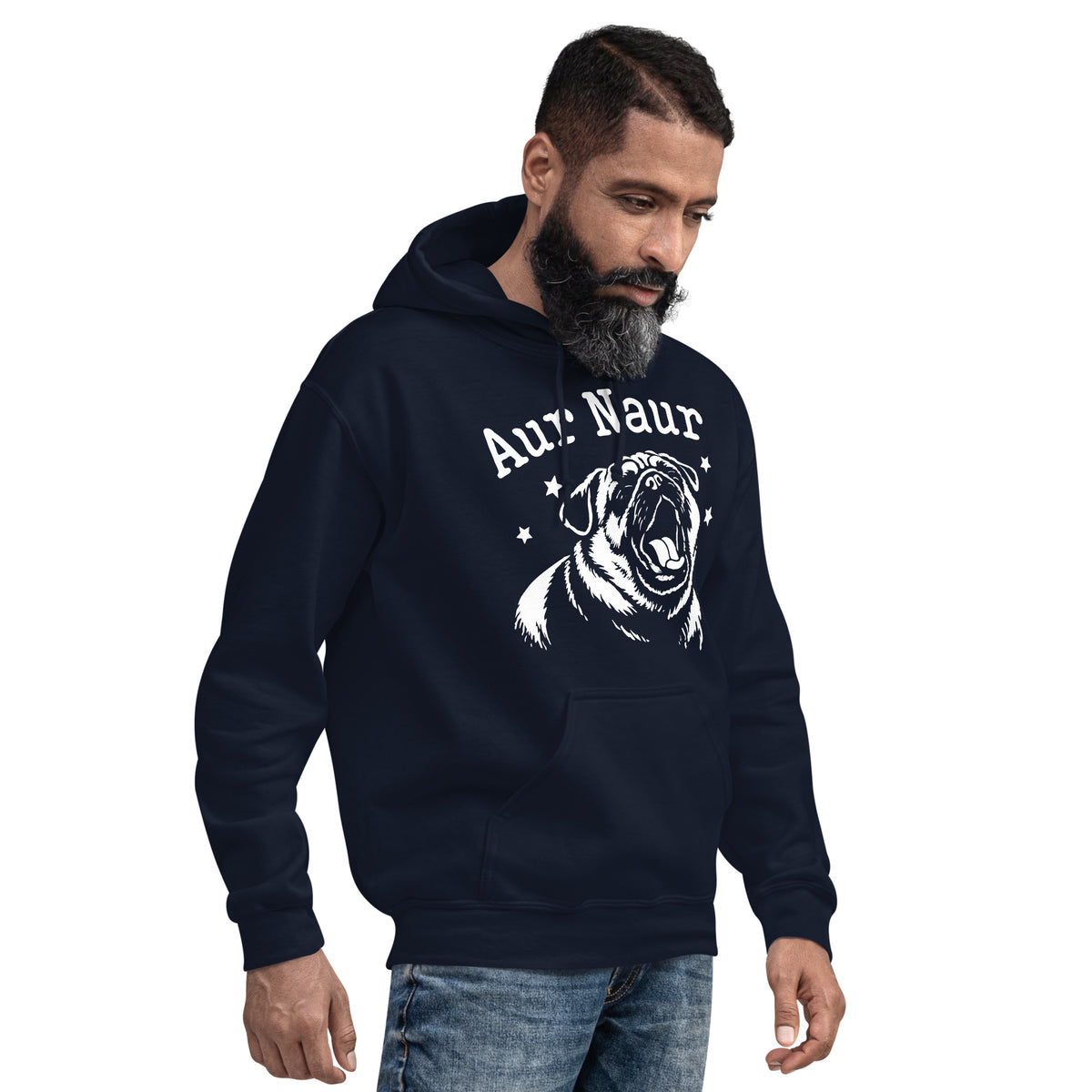 Navy pullover hoodie, right-front angled view, featuring Aur Naur white pug portrait and star-accented lettering.