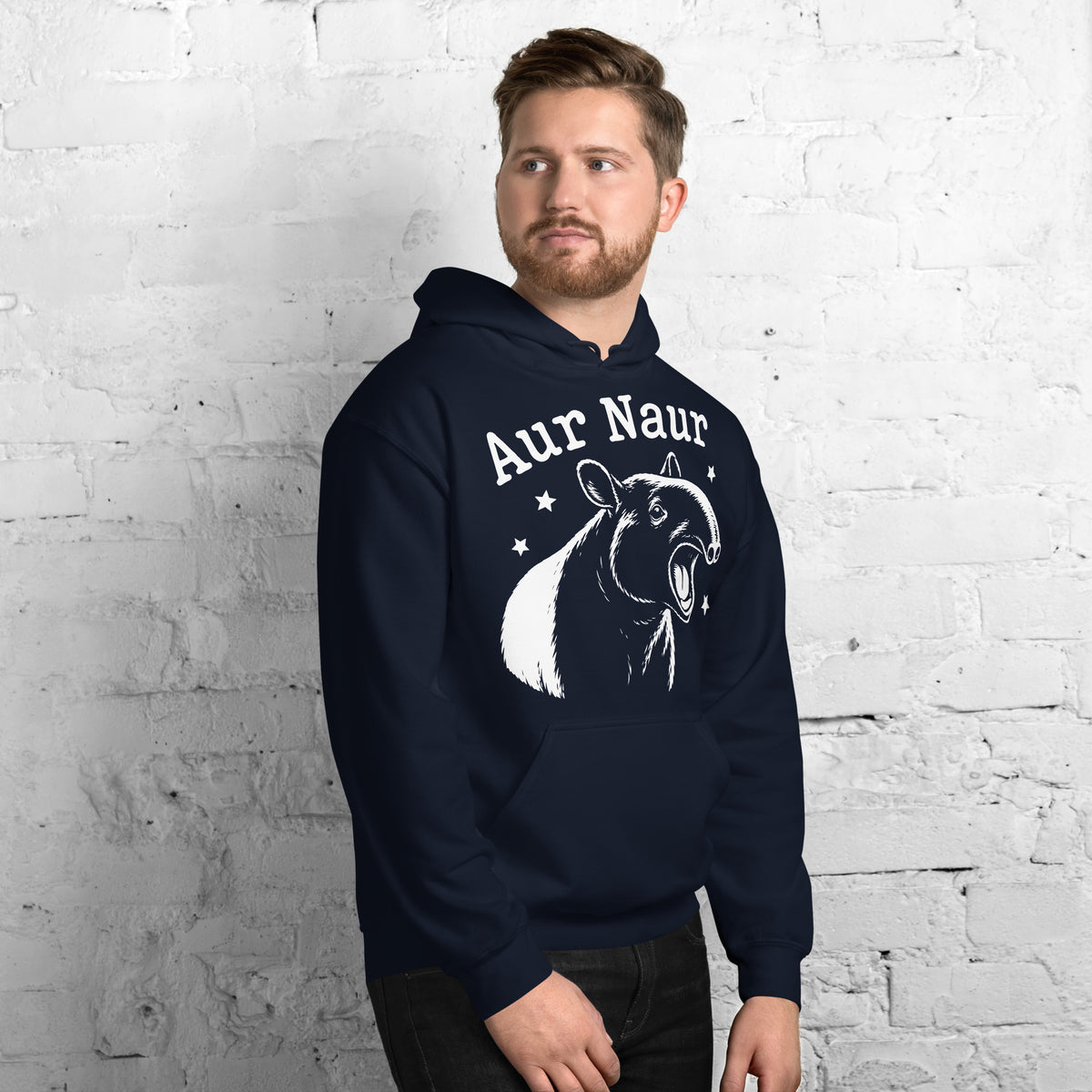 Navy pullover hoodie, right-front angled view, featuring Aur Naur white tapir portrait, stars and lettering.
