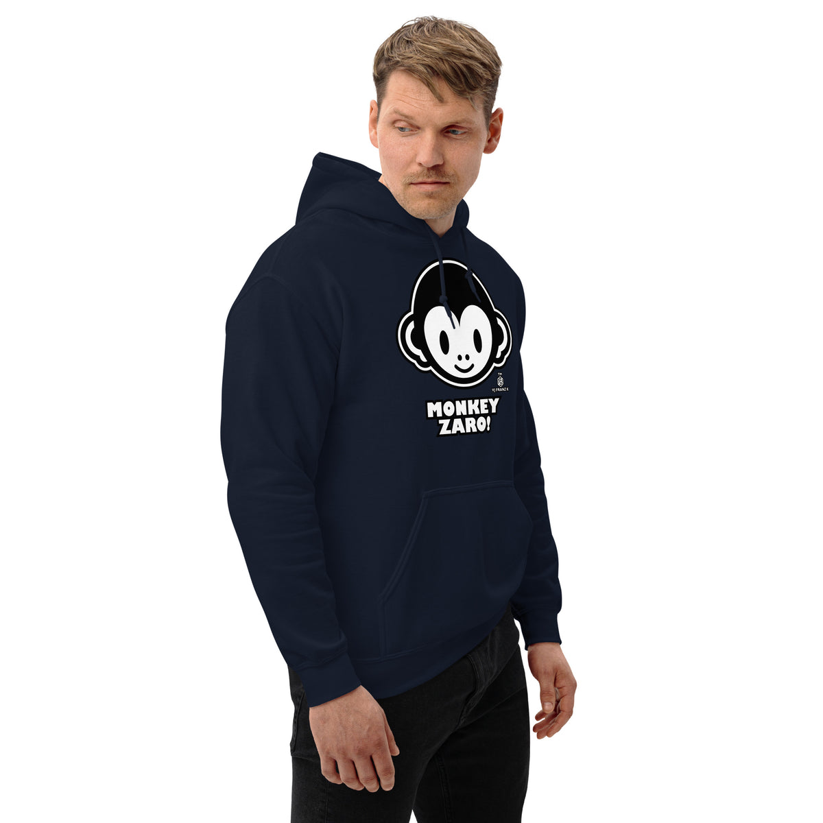 Navy pullover hoodie, right-front angled view, featuring Monkey Zaro! white cartoon monkey face and lettering.