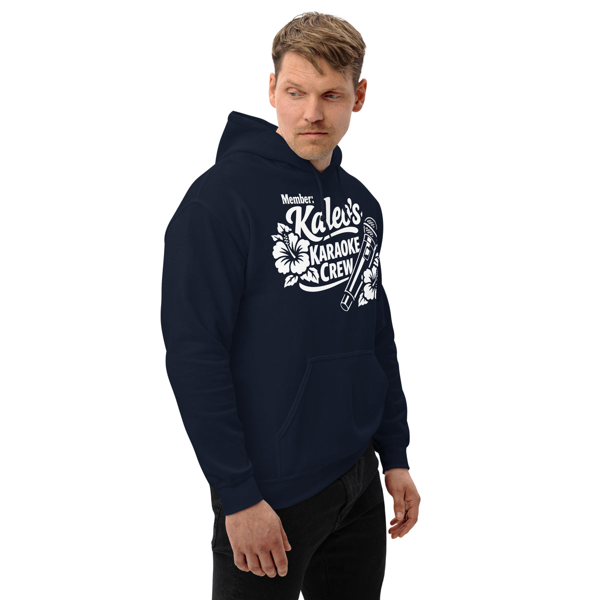 Navy pullover hoodie, right-front angled view, featuring Kaleo's Karaoke Crew lettering, microphone, and hibiscus flowers.
