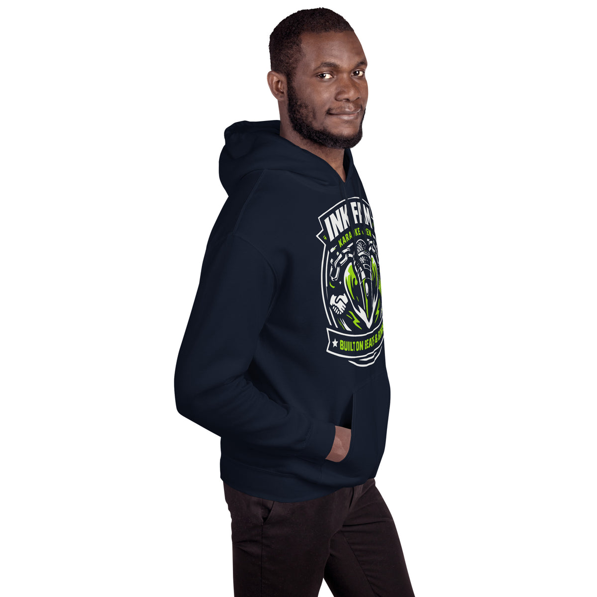 Navy pullover hoodie, right-front angled view, featuring DJ Ink Beats & Bonds shield with a microphone and green-and-white lettering.
