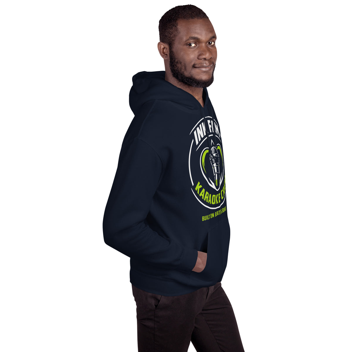 Navy pullover hoodie, right-front angled view, featuring the green-and-white circular DJ Ink Fam microphone badge.