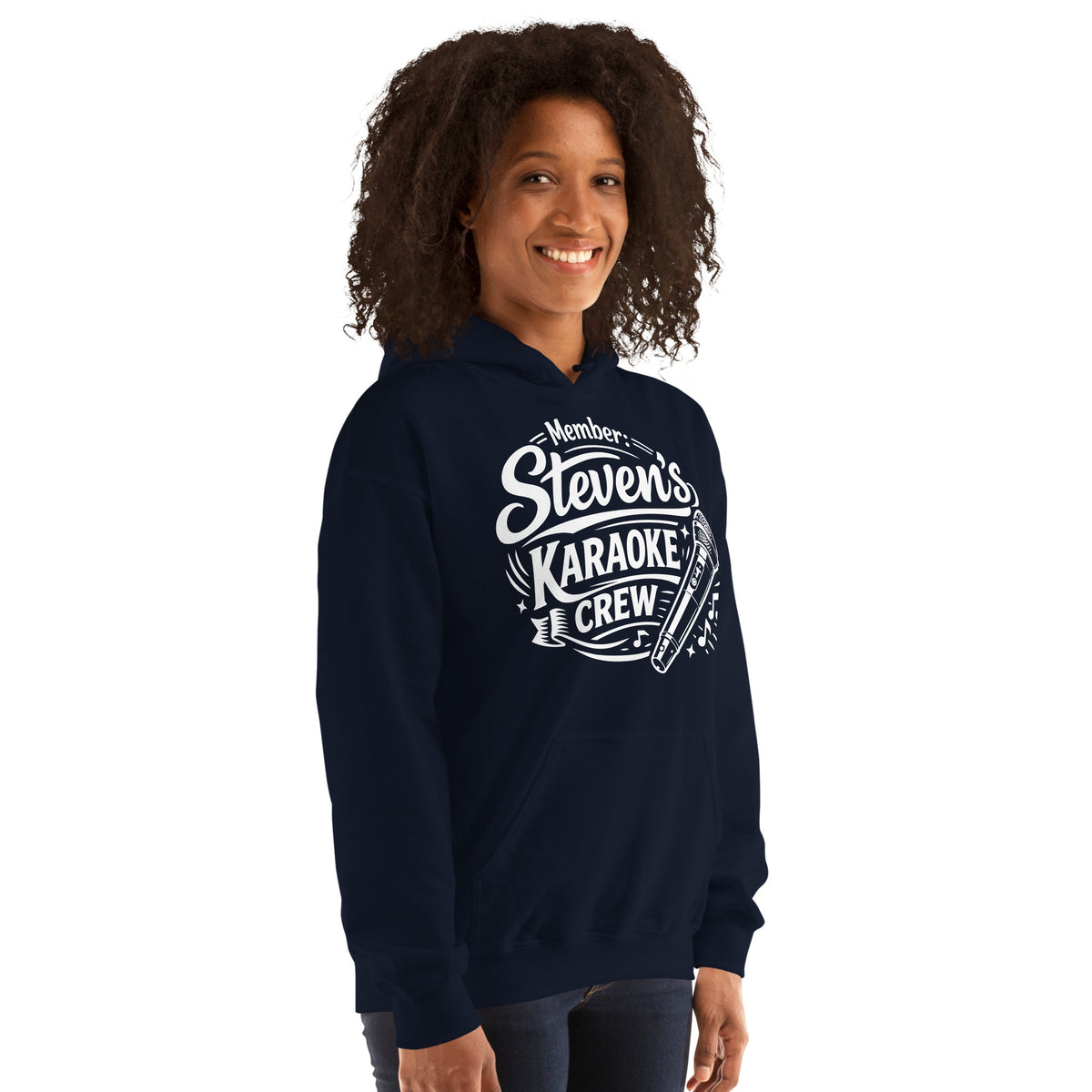 Navy pullover hoodie, right-front angled view, featuring Steven's Karaoke Crew lettering and microphone graphic.