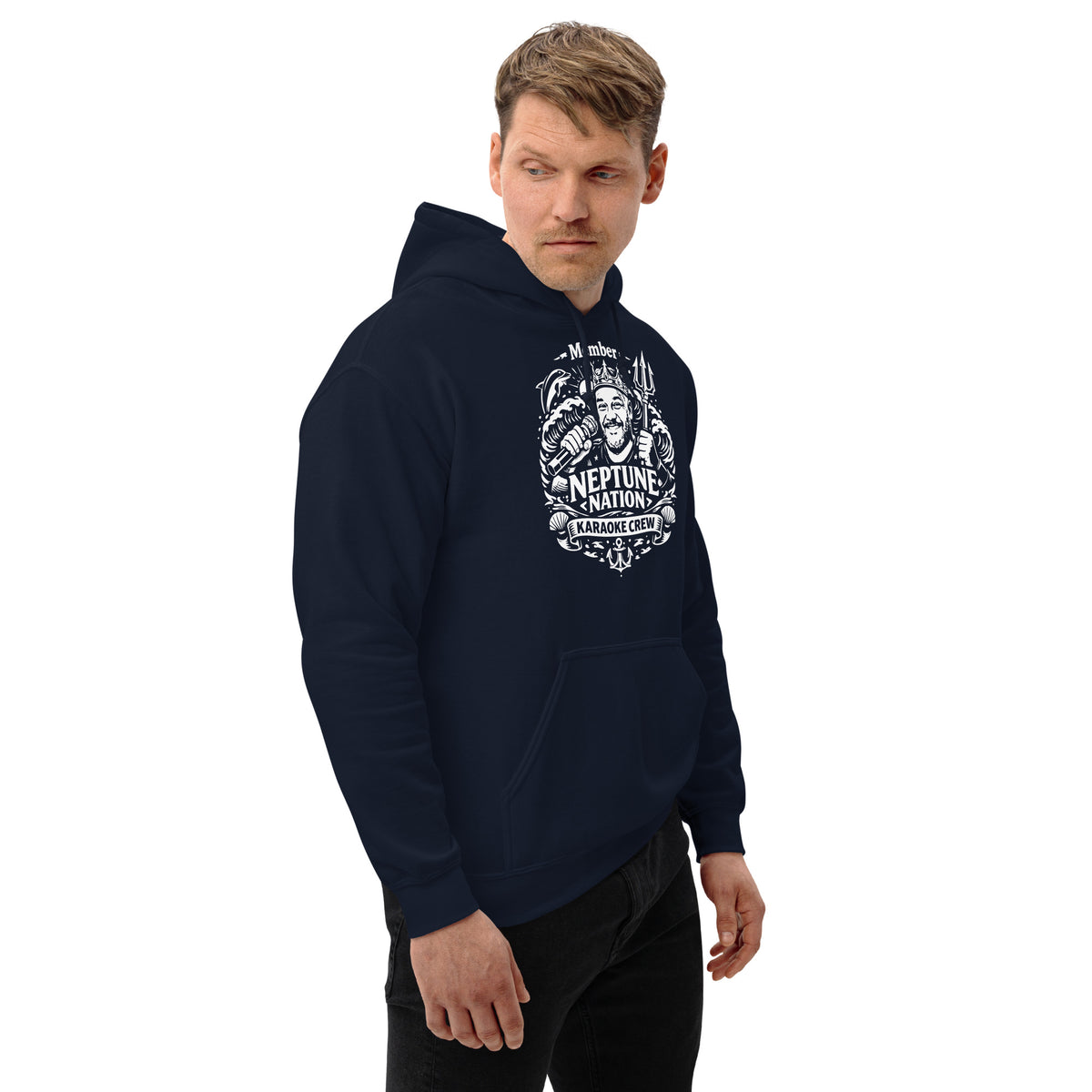 Navy pullover hoodie, right-front angled view, featuring KJ Neptune's Neptune Nation nautical microphone and trident badge.