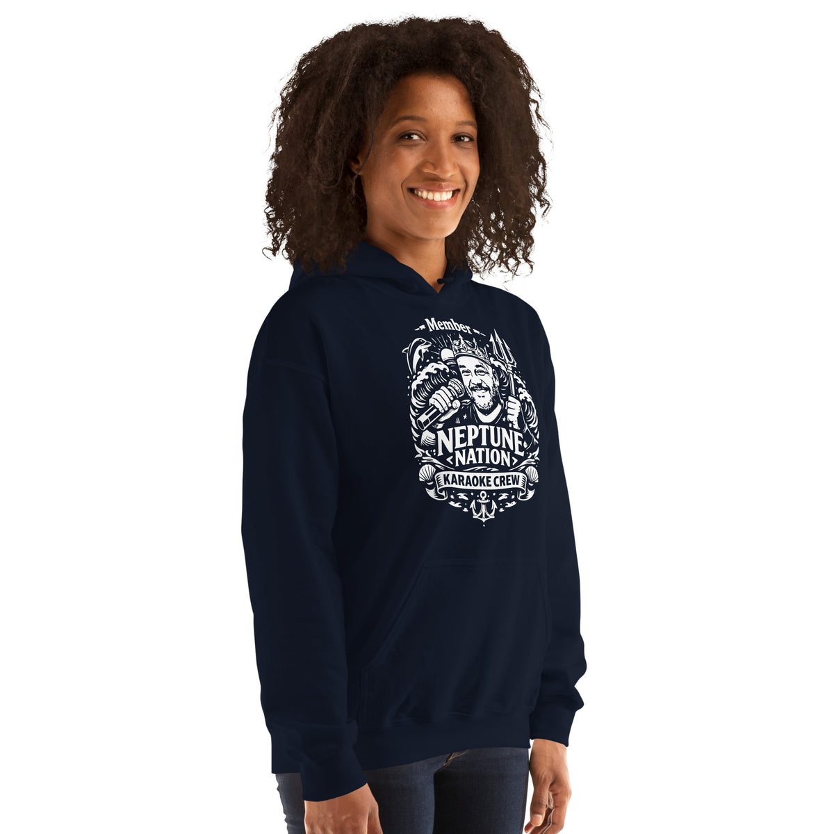 Navy pullover hoodie, right-front angled view, featuring KJ Neptune's Neptune Nation nautical microphone and trident badge.