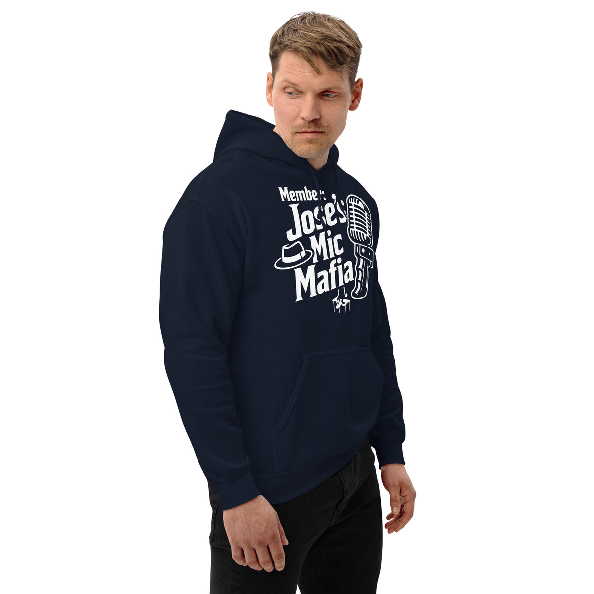 Navy pullover hoodie, right-front angled view, featuring Jose's Mic Mafia microphone and fedora design.