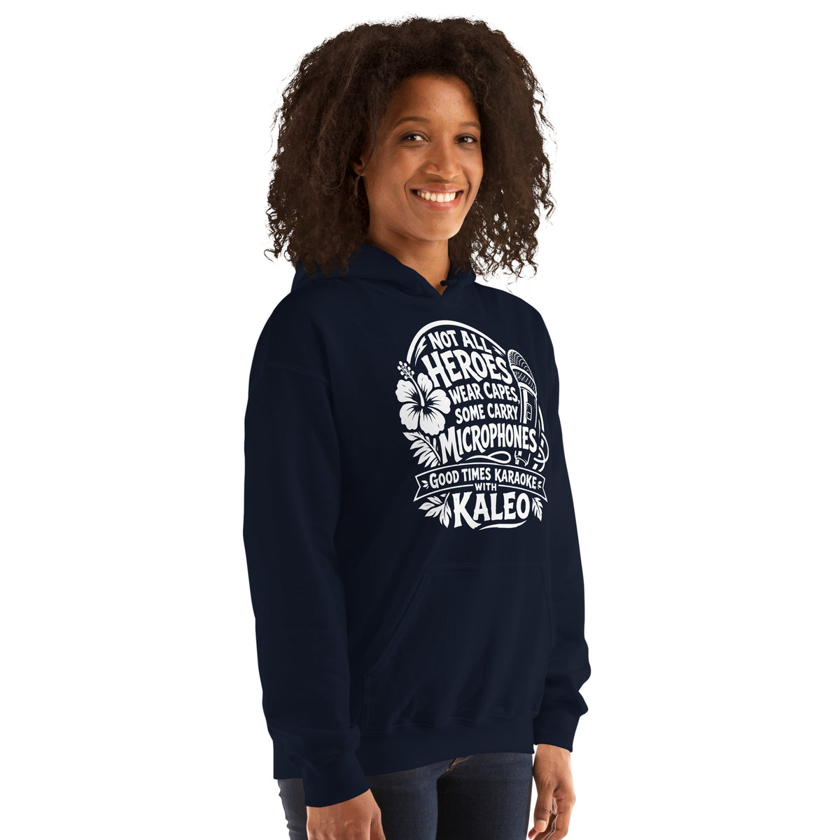 Navy pullover hoodie, right-front angled view, featuring Kaleo's Karaoke Heroes 'Not All Heroes Wear Capes, Some Carry Microphones' graphic.