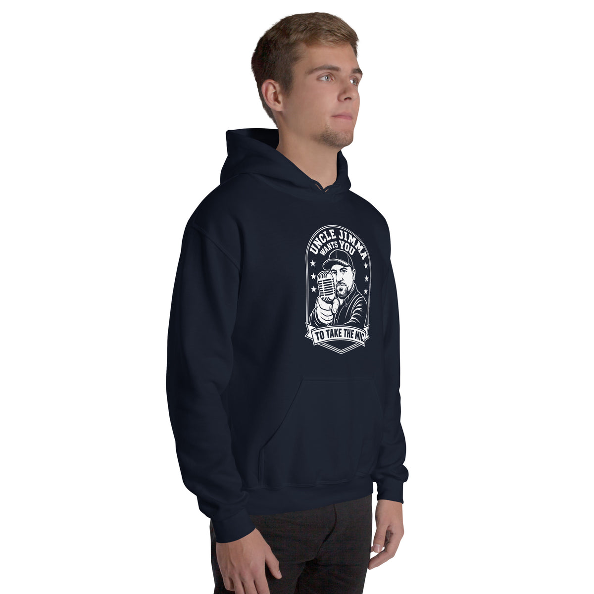 Navy pullover hoodie, right-front angled view, featuring Uncle Jimma Wants You to Take the Mic pointing portrait and microphone.