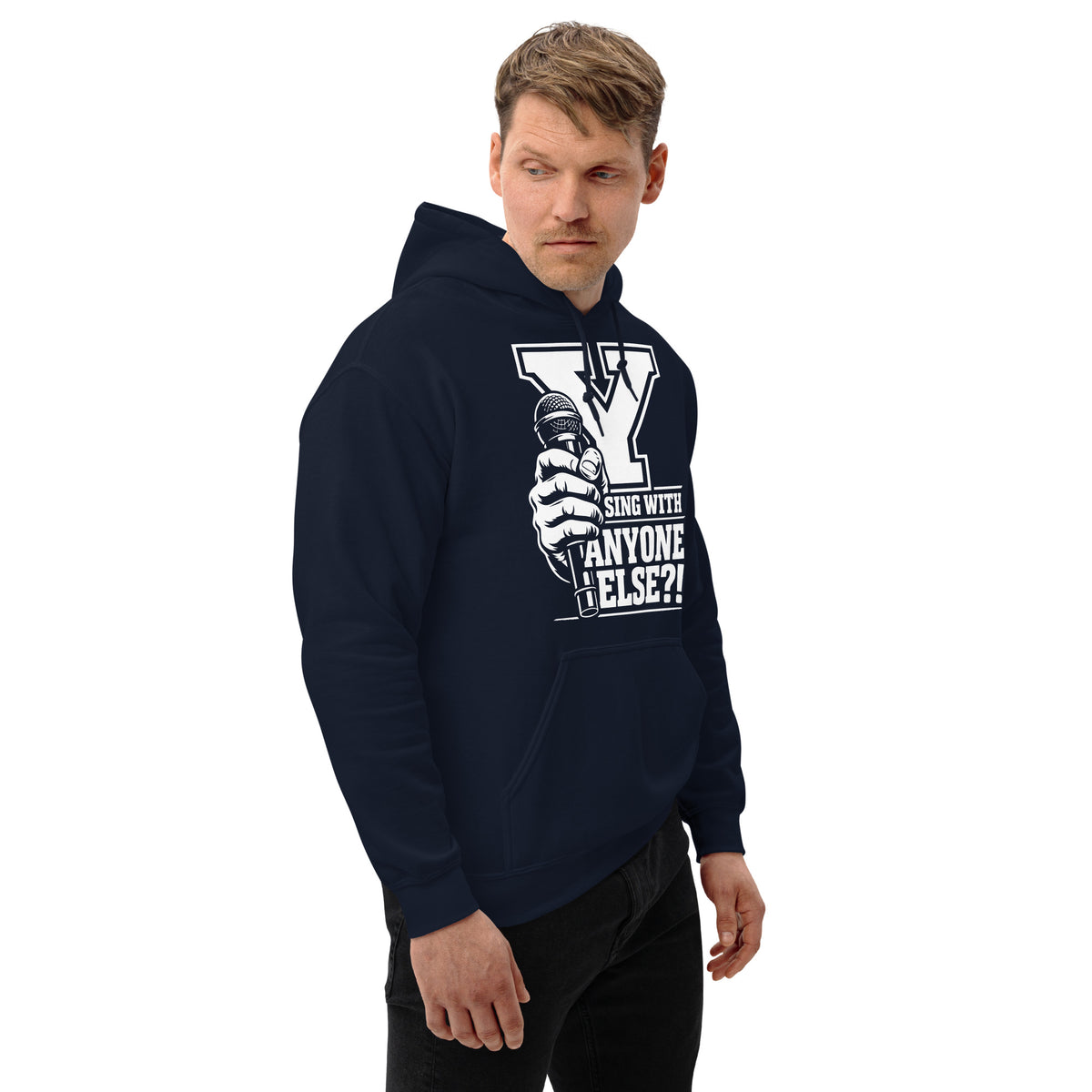 Navy pullover hoodie, right-front angled view, featuring Uncle Jimma Roster Anthem varsity Y with hand-held microphone.