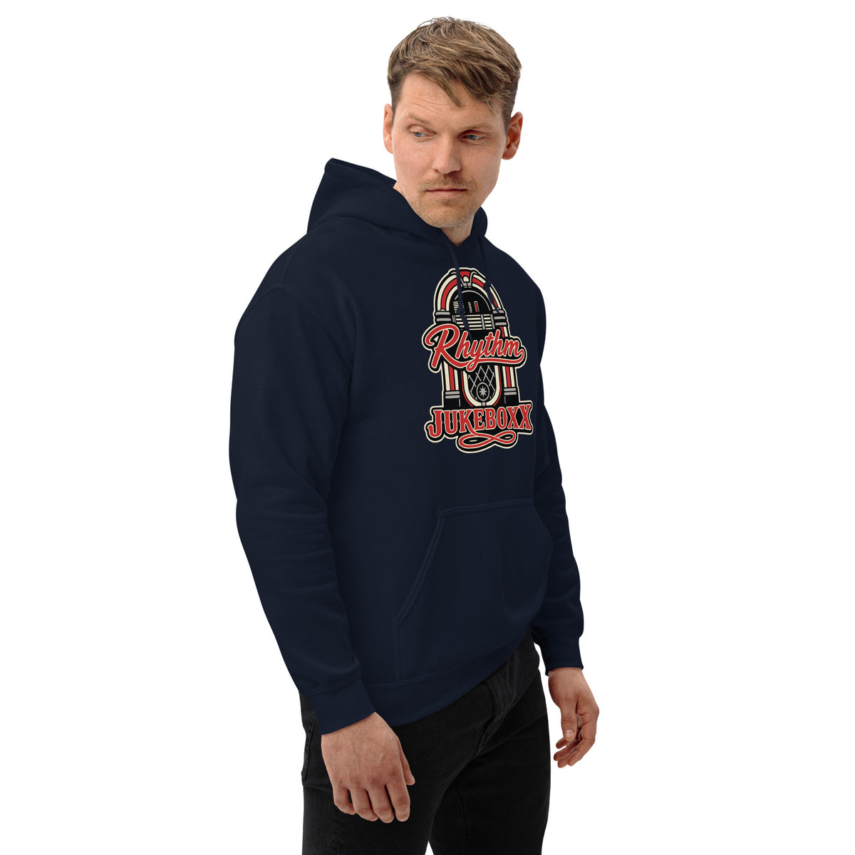 Navy pullover hoodie, right-front angled view, featuring Rhythm Jukeboxx red-and-cream retro jukebox graphic.
