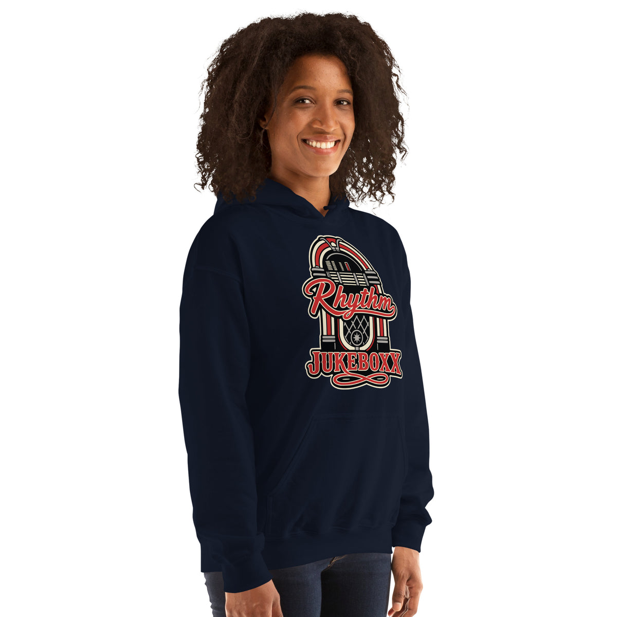 Navy pullover hoodie, right-front angled view, featuring Rhythm Jukeboxx red-and-cream retro jukebox graphic.