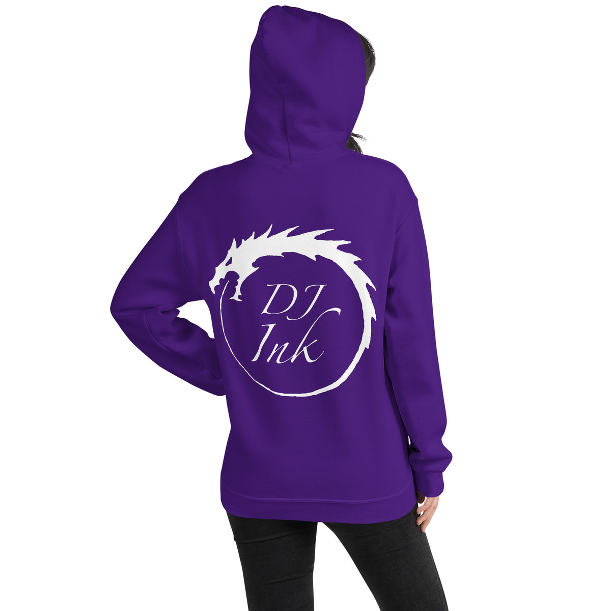 Purple pullover hoodie, back view, for the DJ Ink white Ouroboros dragon-circle logo.