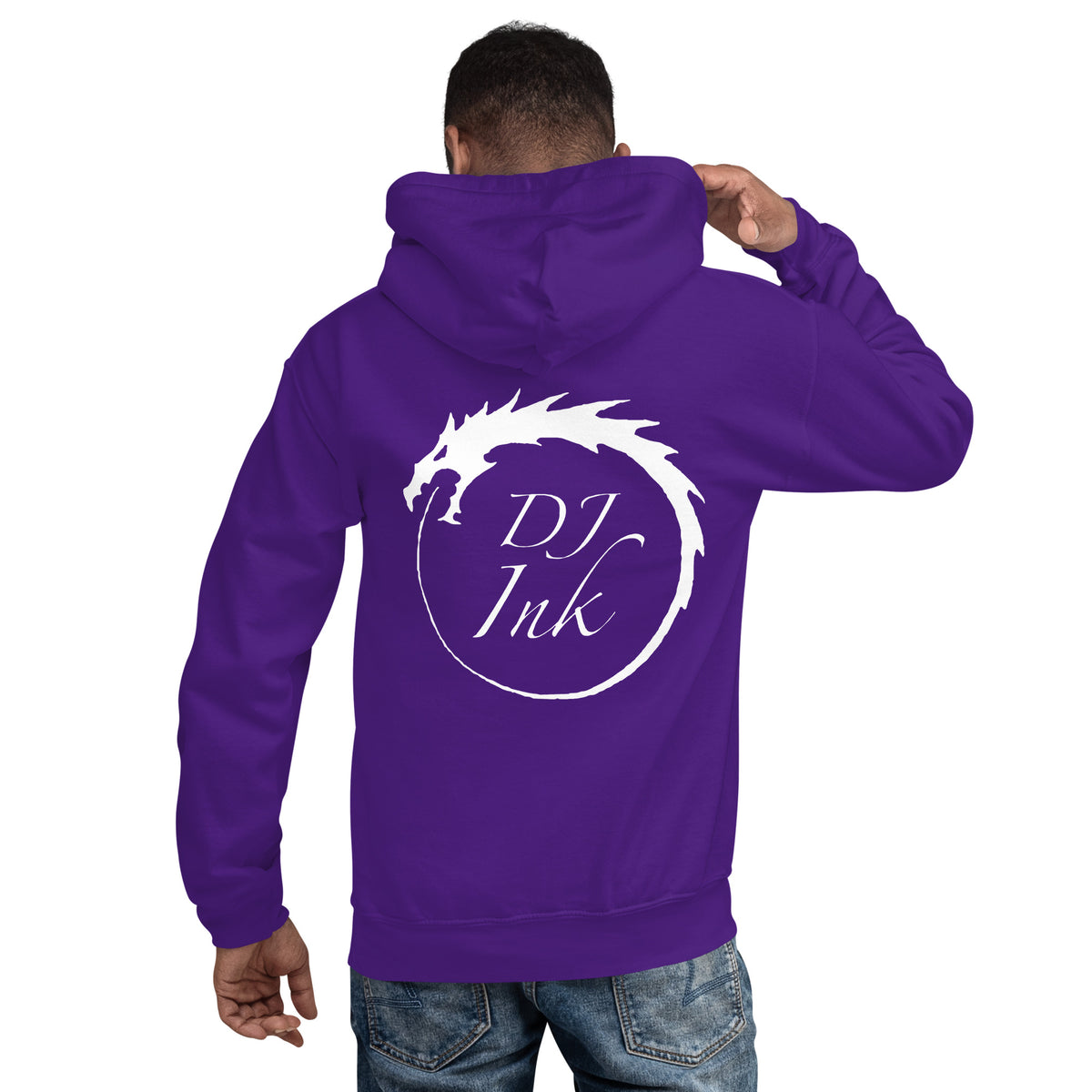 Purple pullover hoodie, back view, for the DJ Ink white Ouroboros dragon-circle logo.
