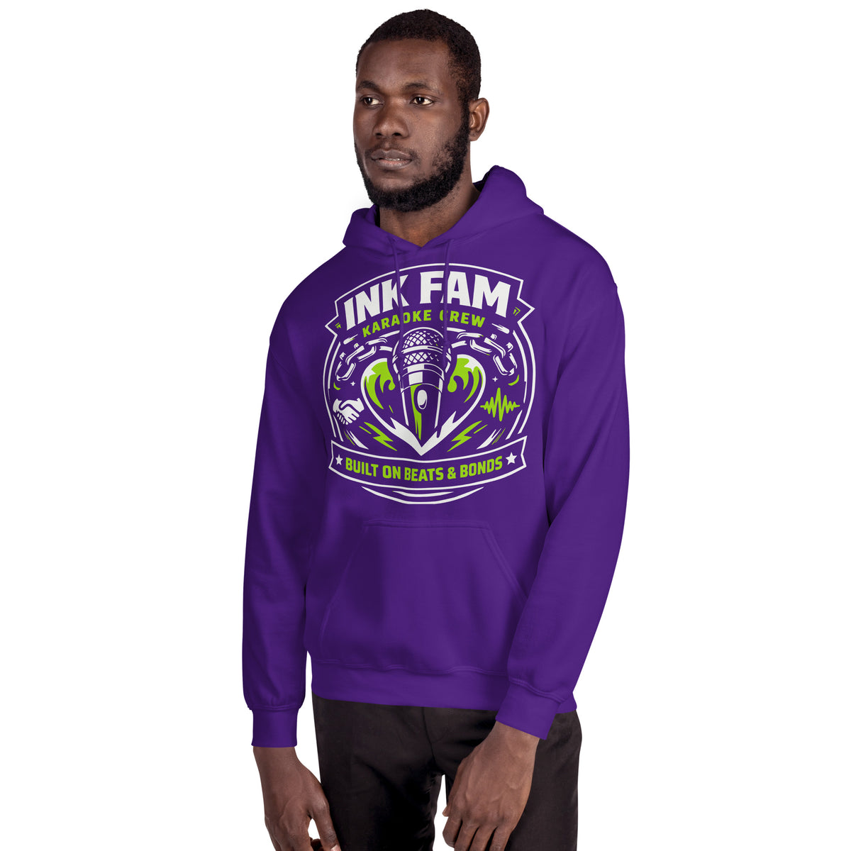 Purple pullover hoodie, alternate front view, featuring DJ Ink Beats & Bonds shield with a microphone and green-and-white lettering.